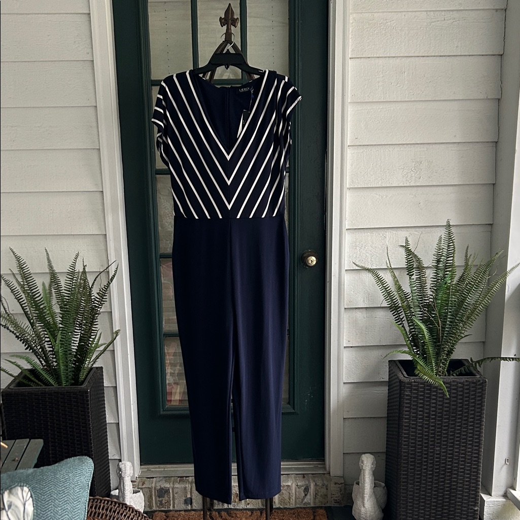 Ralph Lauren Black Label Nwt Navy And White V-Neck Jumpsuit Size 14